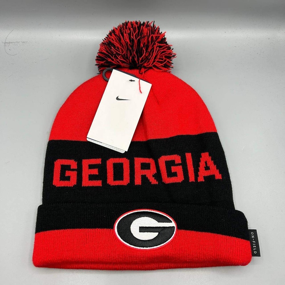 Nike Georgia Bulldogs NCAA Hat Men Red Black Cuffed Beanie Pom Pom Cap New